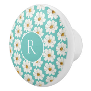 Elegant Teal Daisy Monogram Ceramic Knob Mönster Knopp