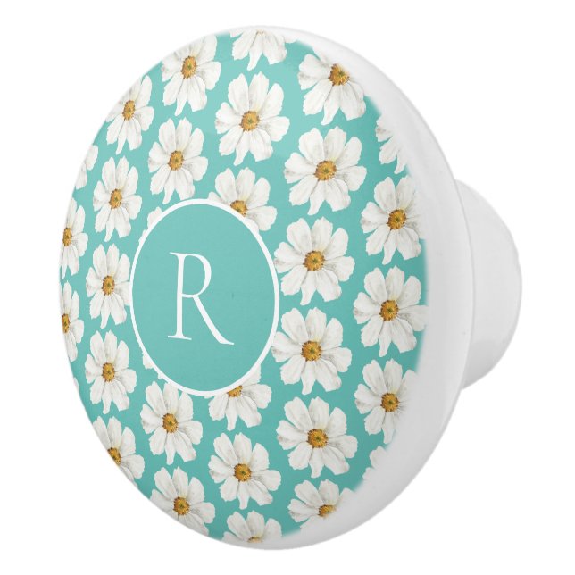 Elegant Teal Daisy Monogram Ceramic Knob Mönster Knopp (Höger)