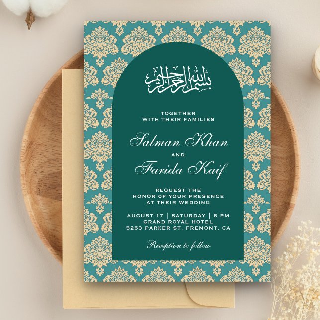 Elegant Teal Damask Arabian Arch Islamic Bröllop Inbjudningar (Skapare uppladdad)