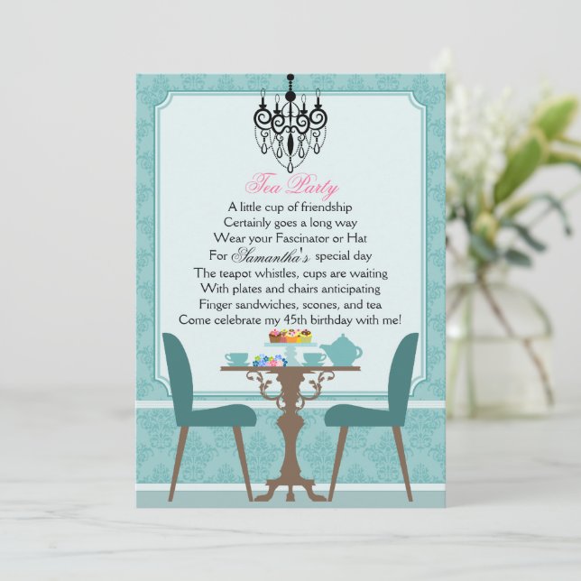 Elegant Teal Damask Birthday Tea Party Inbjudningar (Stående Fram)
