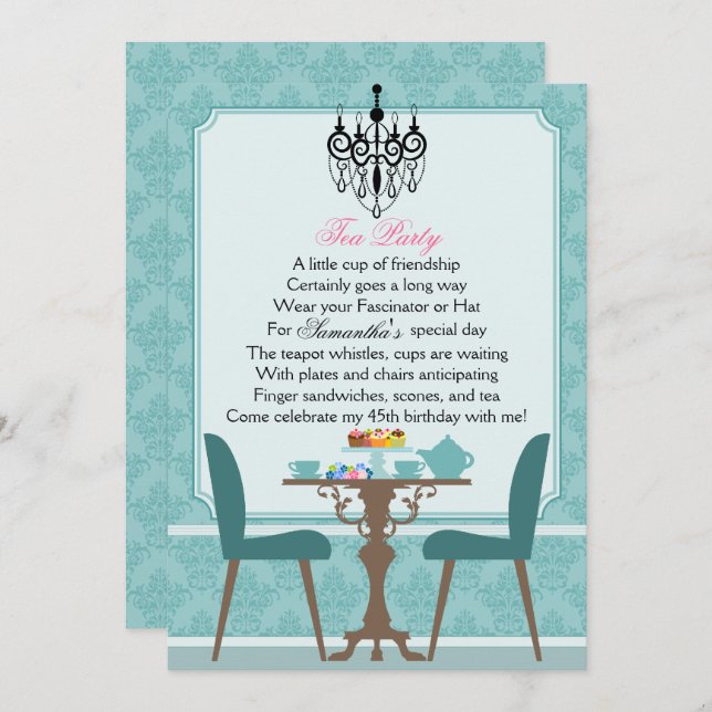Elegant Teal Damask Birthday Tea Party Inbjudningar (Fram/baksida)