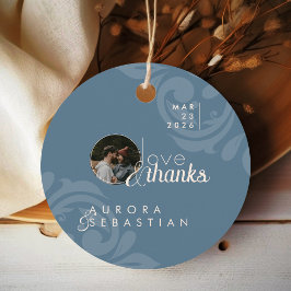 Elegant Teal Damask Photo Bröllop Round Gåvor Etiketter