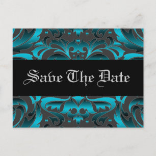 Elegant Teal Damask Scroll Spara Datum Postkort Meddelande Vykort
