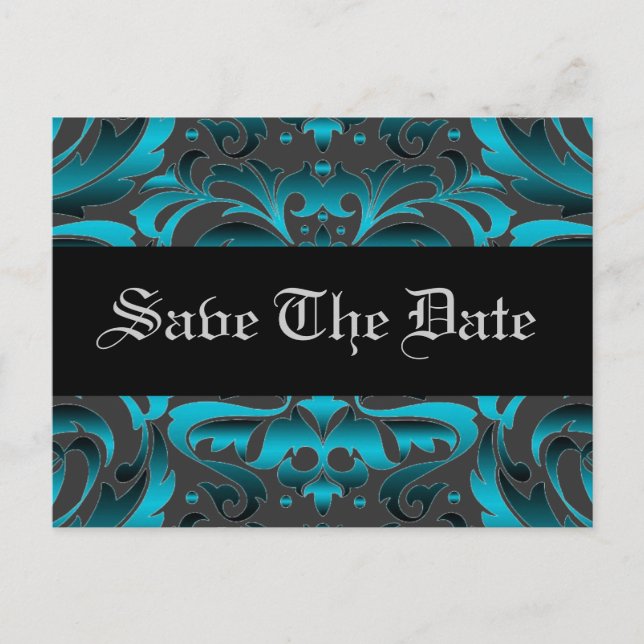 Elegant Teal Damask Scroll Spara Datum Postkort Meddelande Vykort (Framsida)