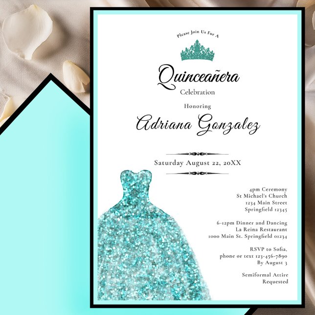 Elegant teal dress 15th birthday Quinceanera Inbjudningar (Skapare uppladdad)