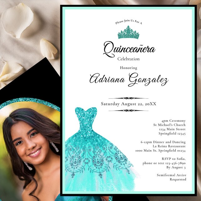 Elegant teal dress 15th birthday Quinceanera Inbjudningar (Skapare uppladdad)