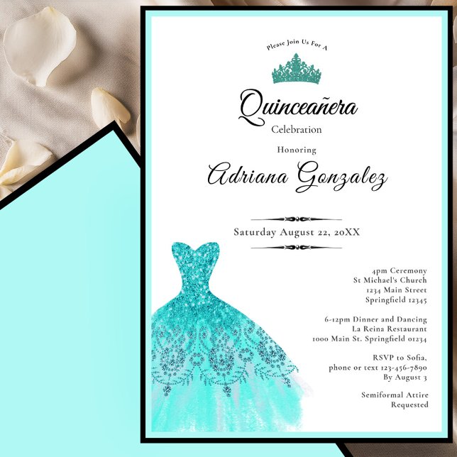 Elegant teal dress 15th birthday Quinceanera Inbjudningar (Skapare uppladdad)