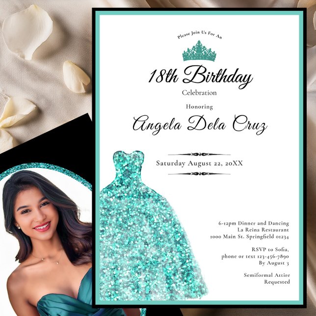 Elegant teal dress 18th birthday debut inbjudningar (Skapare uppladdad)