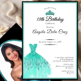 Elegant teal dress 18th birthday debut inbjudningar
