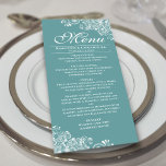 Elegant Teal eller Mörk Aqua & White Curls Bröllop Meny<br><div class="desc">Den här vackra färgaden för teal, turkos eller mörk aqua kommer att lägga till lite stil till din bröllopsmottagning. Den har en enkel men vacker utformning med elegant, skript och dekorativa vita kurvor och snurrar i hörnen. Det finns utrymme för namn från paret och bröllop, och texten är helt anpassade....</div>