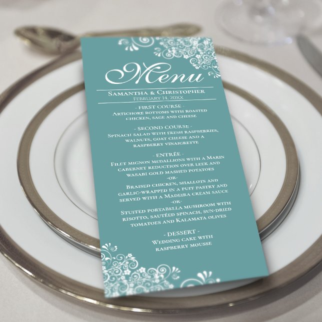 Elegant Teal eller Mörk Aqua & White Curls Bröllop Meny (On Plate)