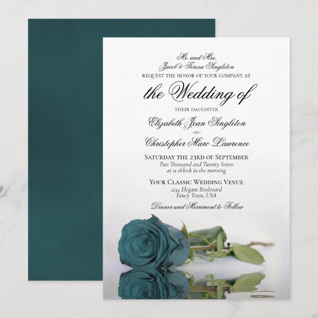 Elegant Teal eller turkos Ro Formal Bröllop Inbjudningar (Fram/baksida)