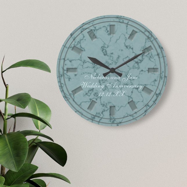 Elegant Teal Falsmarmor Klocka för Bröllopsdag (An elegant faux teal marble wedding anniversary clock with space for your names and wedding date)