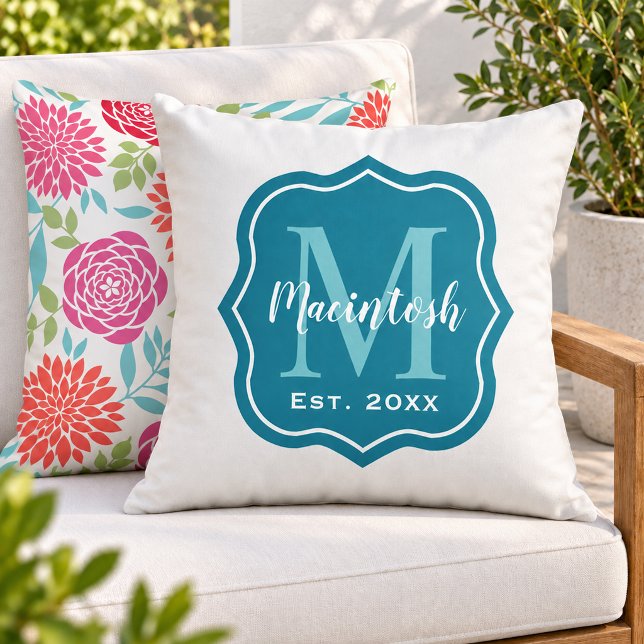 Elegant Teal Familj Monogram Initial Kudde (Skapare uppladdad)