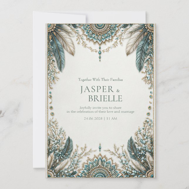 Elegant Teal Feather Ornate Filigree Wedding Inbjudningar (Framsida)