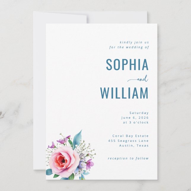 Elegant Teal Floral Wedding Invitation Inbjudningar (Framsida)
