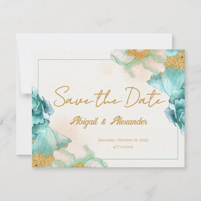 Elegant Teal Flower 'Save the Date' Card Anteckningskort (Framsida)