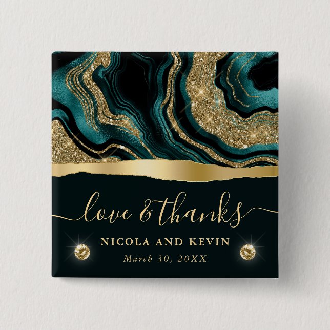 Elegant Teal Folie och Guld Glitter Agat Bröllop Knapp (Framsida)