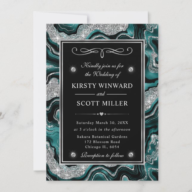 Elegant Teal Folie & Silver Glitter Agat Bröllop Inbjudningar (Framsida)