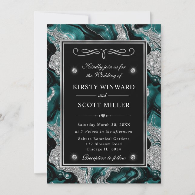 Elegant Teal Folie & Silver Glitter Agat Bröllop Inbjudningar (Framsida)