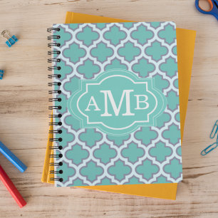 Elegant Teal Fyrklöver Mönster Anpassad Monogram Anteckningsbok Med Spiral