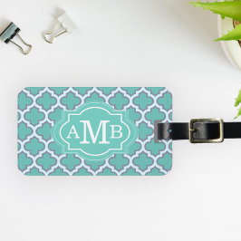 Elegant Teal Fyrklöver Mönster Anpassad Monogram Bagagebricka