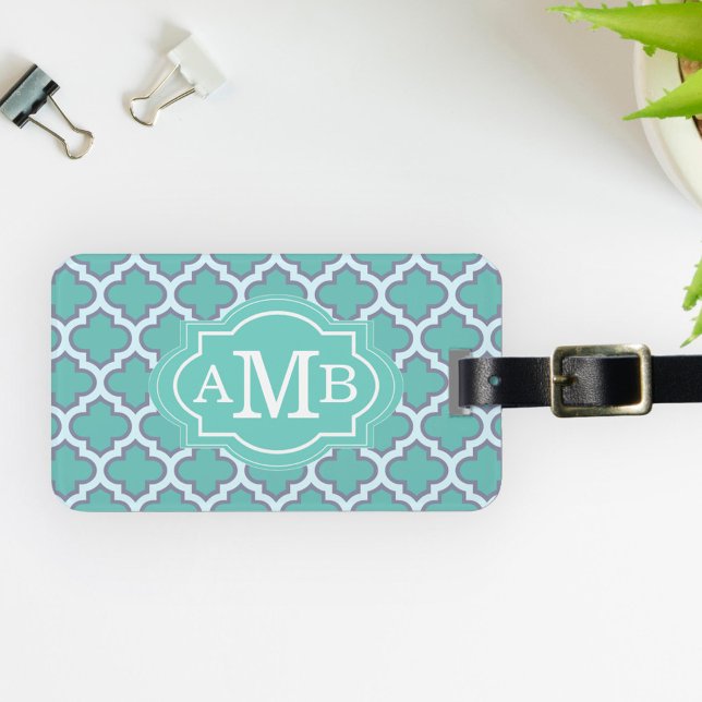 Elegant Teal Fyrklöver Mönster Anpassad Monogram Bagagebricka (Skapare uppladdad)