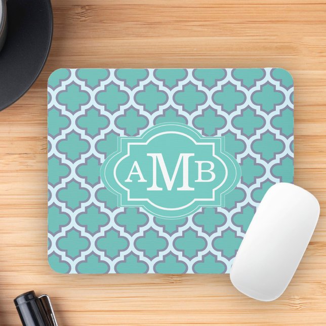 Elegant Teal Fyrklöver Mönster Anpassad Monogram Musmatta (Skapare uppladdad)