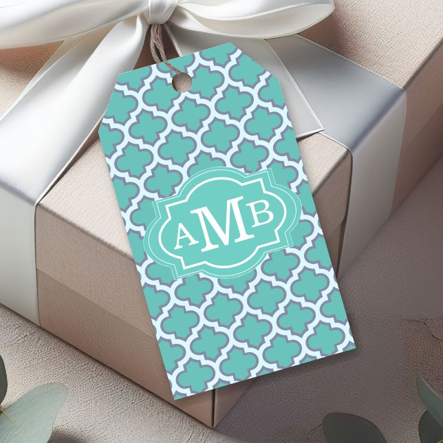 Elegant Teal Fyrklöver Mönster Anpassad Monogram Presentetikett (Skapare uppladdad)