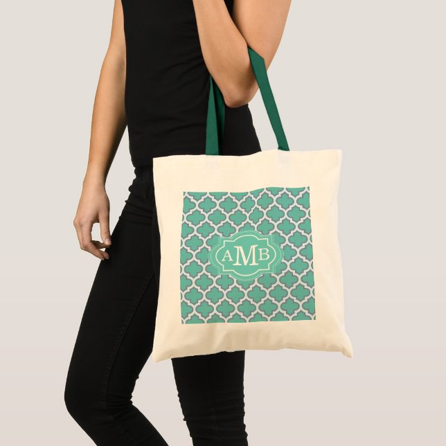 Elegant Teal Fyrklöver Mönster Anpassad Monogram Tygkasse (Framsida (produkt))