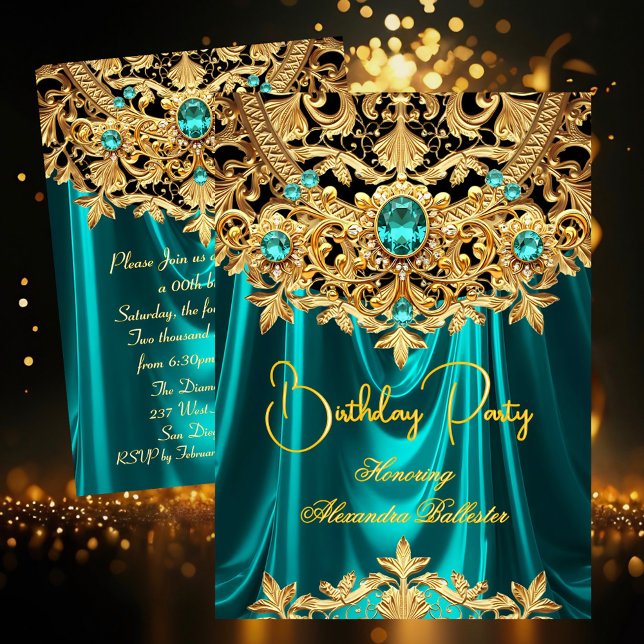 Elegant Teal Gems Gold Lace Damask Birthday Party Inbjudningar (Skapare uppladdad)