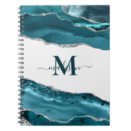 Elegant Teal Geod Agat Initialförgylld Glitter Anteckningsbok