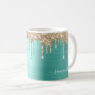 Elegant Teal Girly Glitter Drips Metallic Namn Kaffemugg