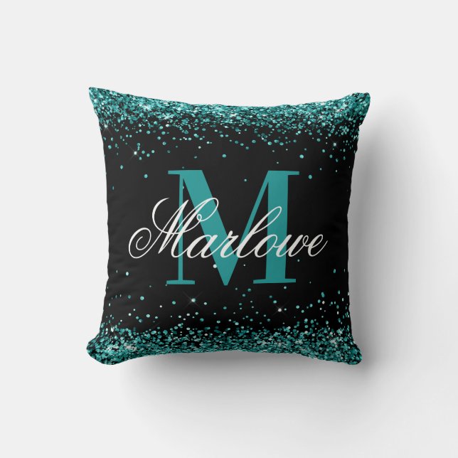 Elegant Teal Glitter Black Monogram Kudde (Framsida)