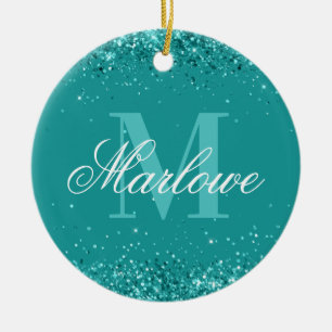Elegant Teal Glitter Blue Grönt Monogram Julgransprydnad Keramik