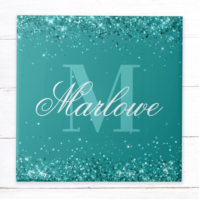 Elegant Teal Glitter Blue Grönt Monogram Kakelplatta (Skapare uppladdad)