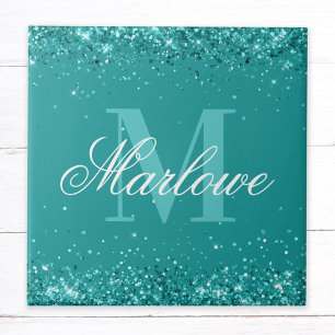 Elegant Teal Glitter Blue Grönt Monogram Kakelplatta