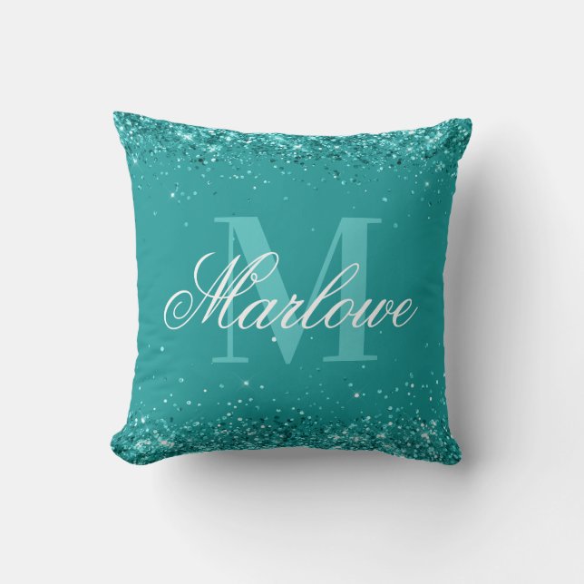 Elegant Teal Glitter Blue Grönt Monogram Kudde (Framsida)