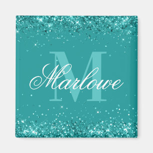 Elegant Teal Glitter Blue Grönt Monogram Magnet