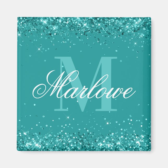 Elegant Teal Glitter Blue Grönt Monogram Magnet (Framsidan)