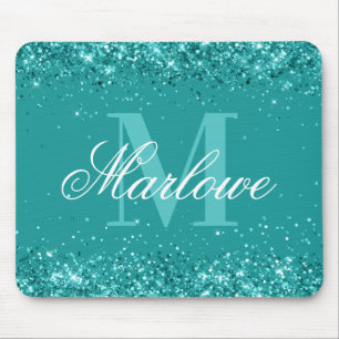 Elegant Teal Glitter Blue Grönt Monogram Musmatta
