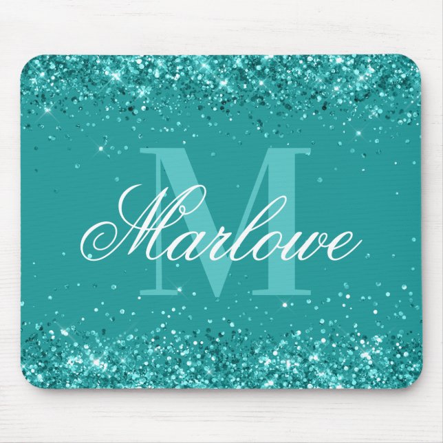 Elegant Teal Glitter Blue Grönt Monogram Musmatta (Framsidan)