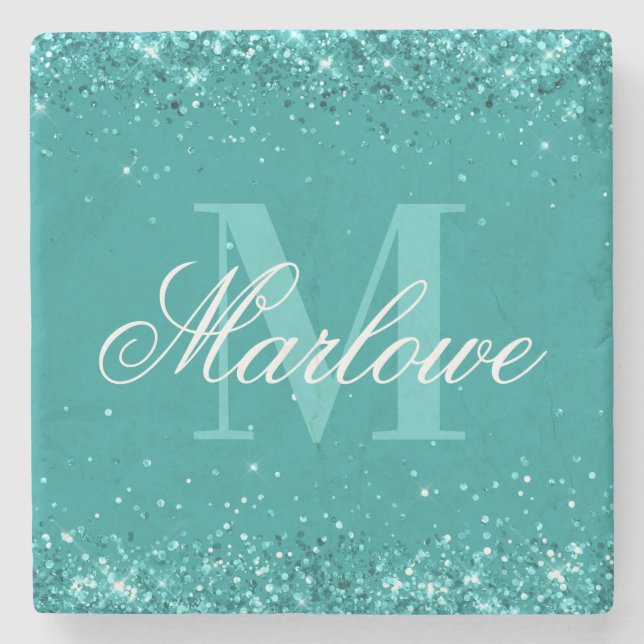 Elegant Teal Glitter Blue Grönt Monogram Stenunderlägg (Framsidan)
