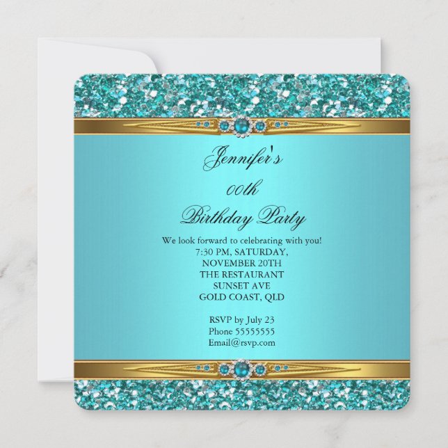 Elegant Teal Glitter Guld Diamond Pearl Birthday Inbjudningar (Framsida)