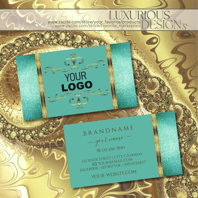 Elegant Teal Glitter Guld Gräns Ornate med Logotyp Visitkort (Skapare uppladdad)