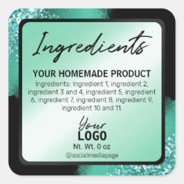 Elegant Teal Glitter och Bläck, ingredienser Fyrkantigt Klistermärke