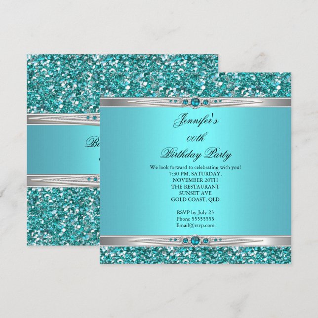 Elegant Teal Glitter Silver Diamant Pärla Födelsed Inbjudningar (Fram/baksida)