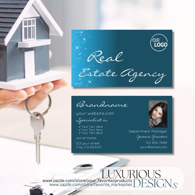 Elegant Teal Glitter Stars med Logotyp och foto Visitkort (Skapare uppladdad)