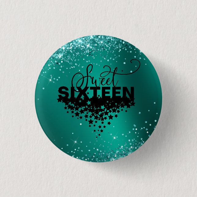 Elegant Teal Glitter Sweet 16 Birthday Button Knapp (Framsida)