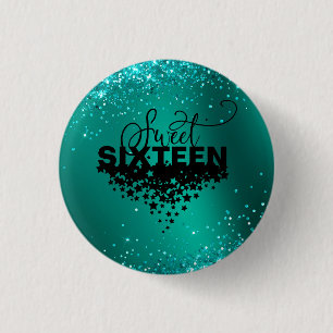 Elegant Teal Glitter Sweet 16 Birthday Button Knapp